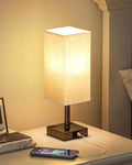 Brown Touch Table Lamp for Bedroom - Dimmable, USB C+A, 2 AC Outlets | 3-Way Dimming, 3000K Bulb Included, Square Brown Lampshade and Black Base, Desk Lamp for Nightstand, Living Room, Dorm by Aooshine