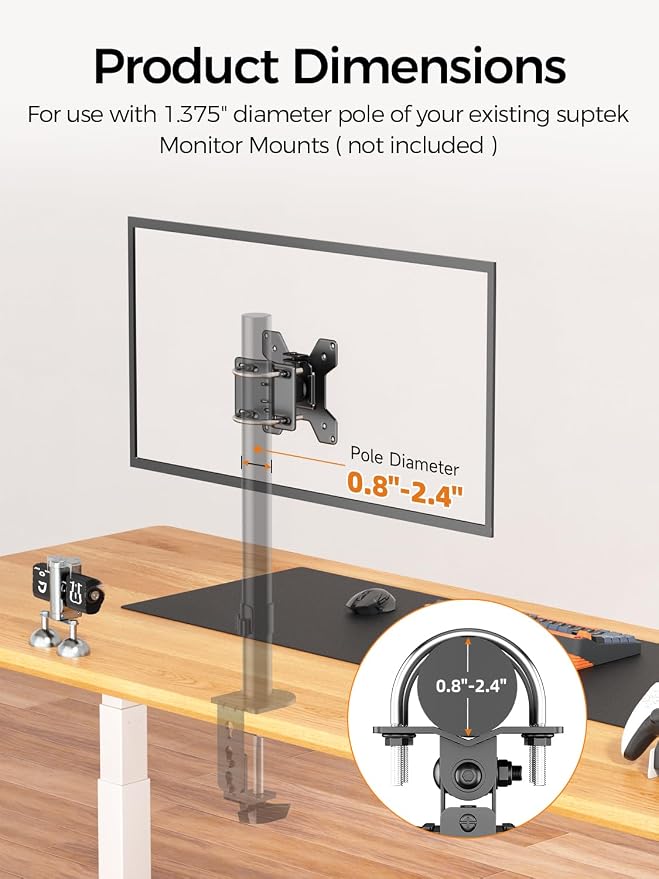 Suptek Single Head and Plate Vesa Pole Mount Bracket for Suptek Monitor Mount,1 Pack, Pole Mount Diameter Adjustable 0.8-2.4 Inch, Fits Monitor/TV Screens 27 Inch (MD6TB2) - Image 4