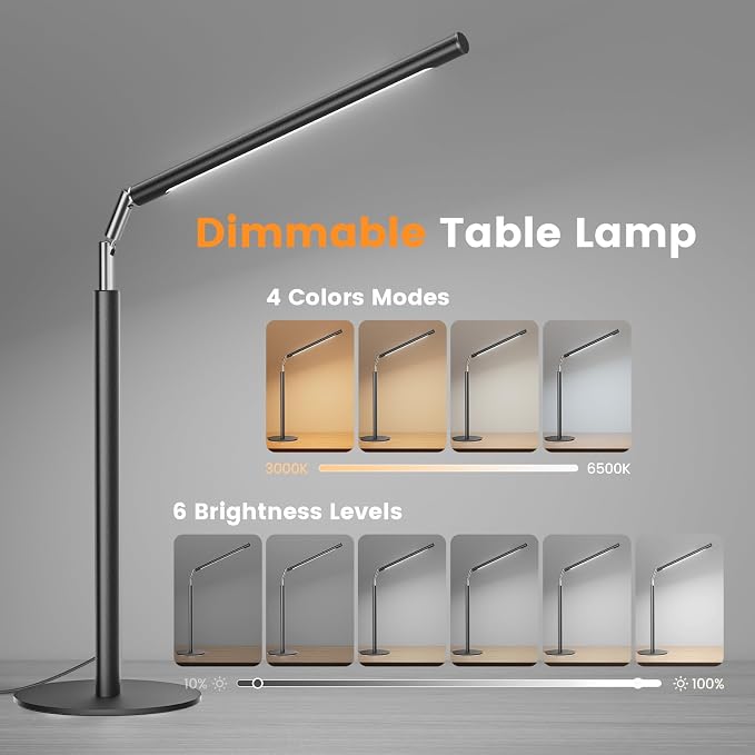 Metal LED Desk Lamp, 16" Dimmable Desk Light with Base, 15W 1200LM, Adapter Included, Color & Brightness Adjustable, Modern Tall Table Lamp for Home Office Reading Study Task Laptop, Black - Image 2