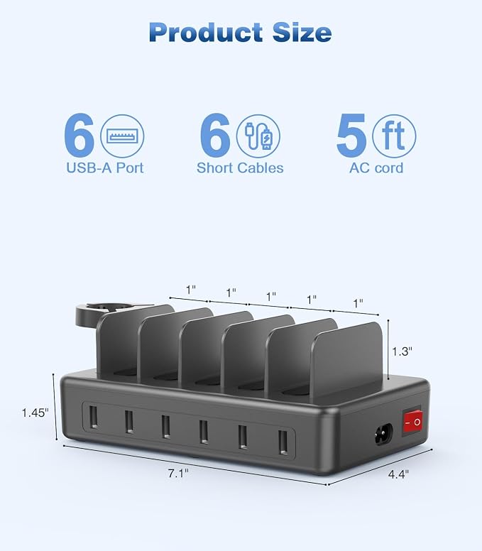 50W Fast Charging Station, 6 Port Charging Station for Multiple Devices | Compatible with iPhone,iPad, Tablet,Kindle ect,with 6 Short Cables and Apple Watch Holder（Space Gray） - Image 8
