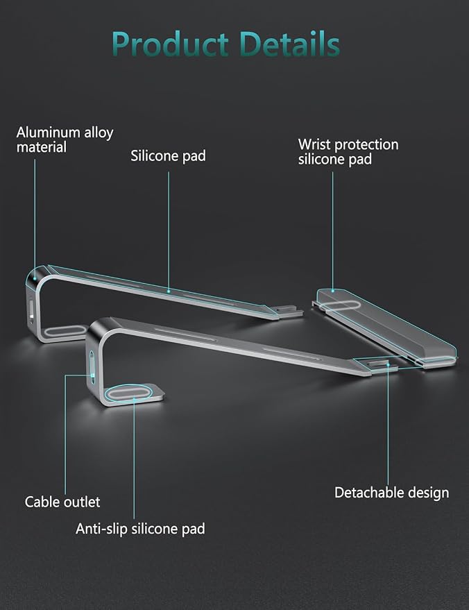 JCZT Aluminum Laptop Stand, Laptop Riser with Wrist Rest, Silver | Ergonomic Detachable Portable Laptop Stand for Desk, Notebook Holder Compatible with MacBook Air Pro, All 10-17'' Laptops - Image 8
