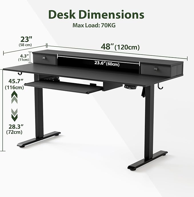 Agilestic 48 Inch Standing Desk with Drawers & Keyboard Tray, Black | Electric Height Adjustable, 2 Storage Drawer, Monitor Stand, Sturdy Steel Frame, Memory Presets, Hooks, 154 lbs, Splice Board - Image 3