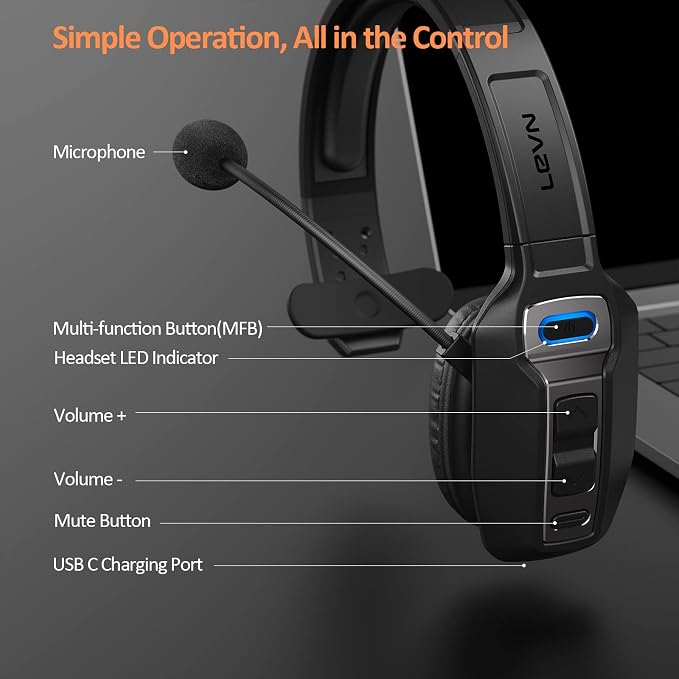 LEVN Bluetooth Headset with Microphone, Trucker Bluetooth Headset with AI Noise Cancelling & Mute Button, Wireless On-Ear Headphones 60 Hrs Working Time, for Trucker Home Office Remote Work Zoom - Image 6