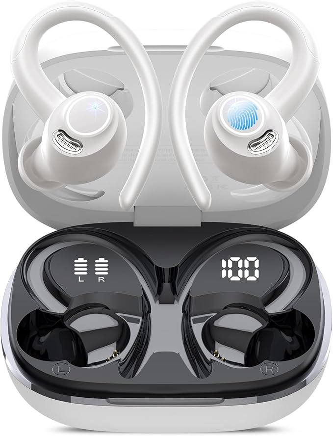 Wireless Earbuds, Bluetooth 5.4 Headphones Sport Over Ear Buds with ENC Mic | Noise Cancelling Mic,48H, Wireless Earphone With Earhooks, Stereo Deep Bass, IP7 Waterproof ear bud for Workout Running,White by Jesebang
