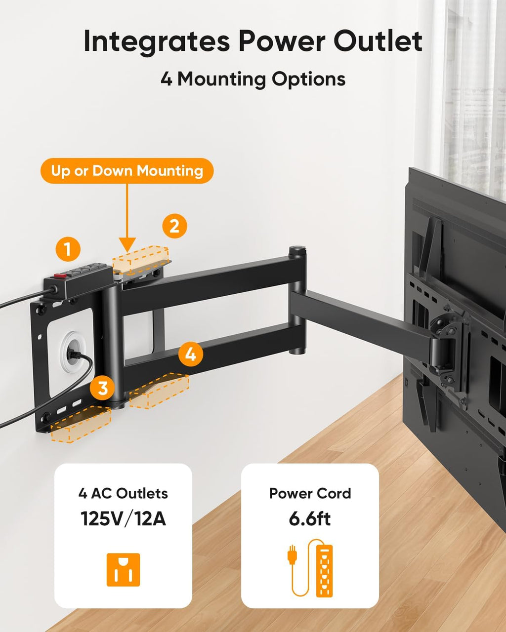FORGING MOUNT Long Arm TV Wall Mount with Power Strip for 42–80 inch TVs - Image 3