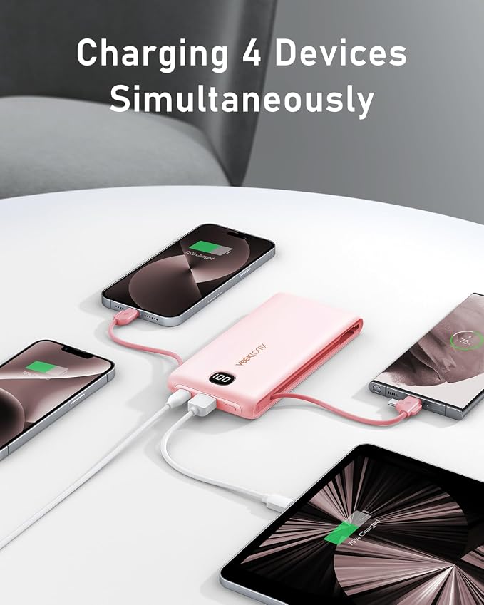 VEEKTOMX 10000mAh Portable Charger with Built-in Cables & Wall Plug | Fast Charging Slim USB-C Power Bank for iPhone, Samsung, iPad | 5 Outputs, Charges 4 Devices, ETL Certified, Pink - Image 5