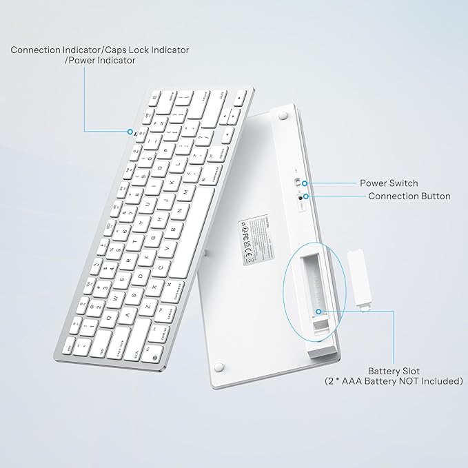 OMOTON Wireless Keyboard for Mac, Bluetooth Stable, No Numpad, Travel Size | macOS Hotkeys, AAA Battery Powered, Compact Portable for Coffee Shop Office, Ergonomic for MacBook Pro/Air/iMac, Silverwhite - Image 6