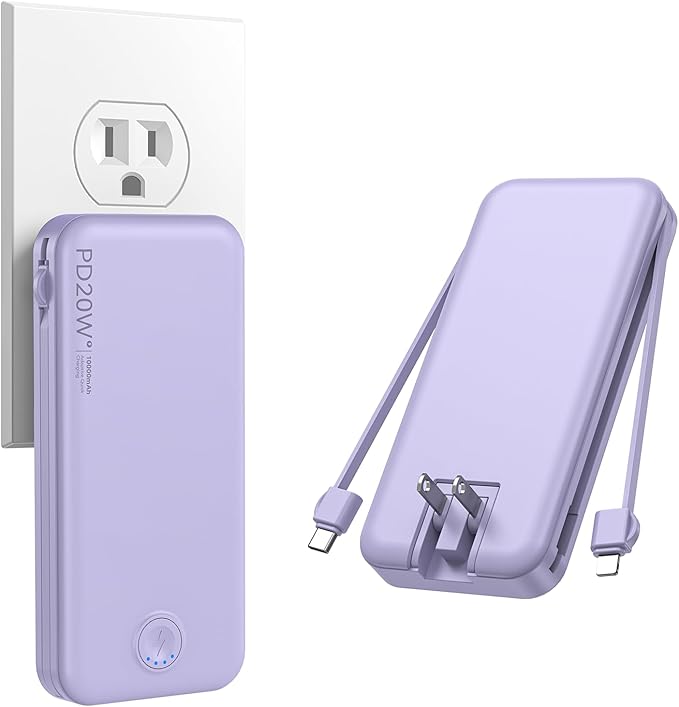 Nusyddy Portable Charger 10000mAh Fast Charging w/Built-in Wall Plug Purp. | PD20W Fast Charging, LED Indicator, Pass Through Charging, TSA Approved, Compact/Slim, Power Bank for iPhone/iPad/Samsung by NUSYDDY