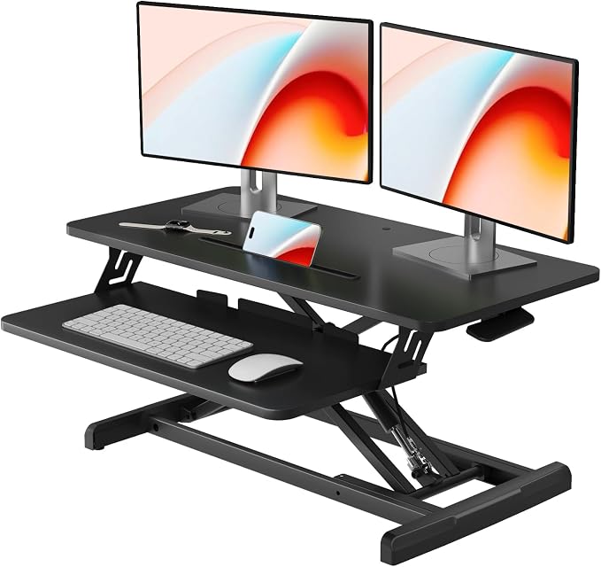 JOY worker Standing Desk Converter, 32" Height Adjustable Sit Stand Riser | Black Desktop Sit to Stand Riser with Fixed Keyboard Tray, Monitor and Laptop Workstation, Particle Board, for Home Office by JOYworker