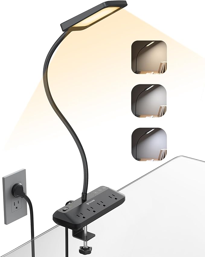 TROND LED Desk Lamp with Clamp Power Strip, 6ft Flat Plug Extension Cord | Eye Caring Desk Light with 4 Surge Protector Outlet, 15 Lighting Mode, Gooseneck for Home Office College Dorm Room Essentials by TRONDOfficial