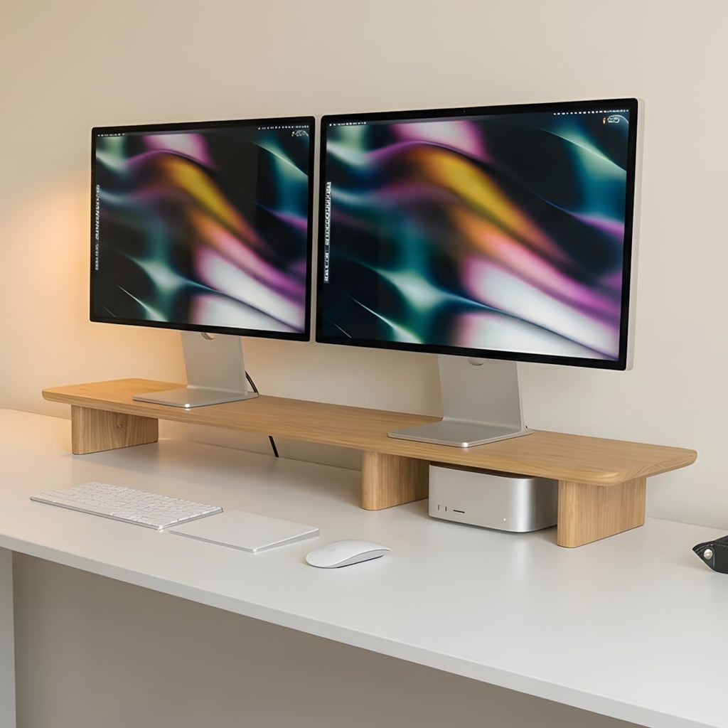 White Oak Dual Monitor Stand Riser - 43.3" Wooden Monitor Stand for 2 Monitors, Minimalist Desk Shelf Organizer for iMac, Laptop & Ultrawide Displays - Image 5