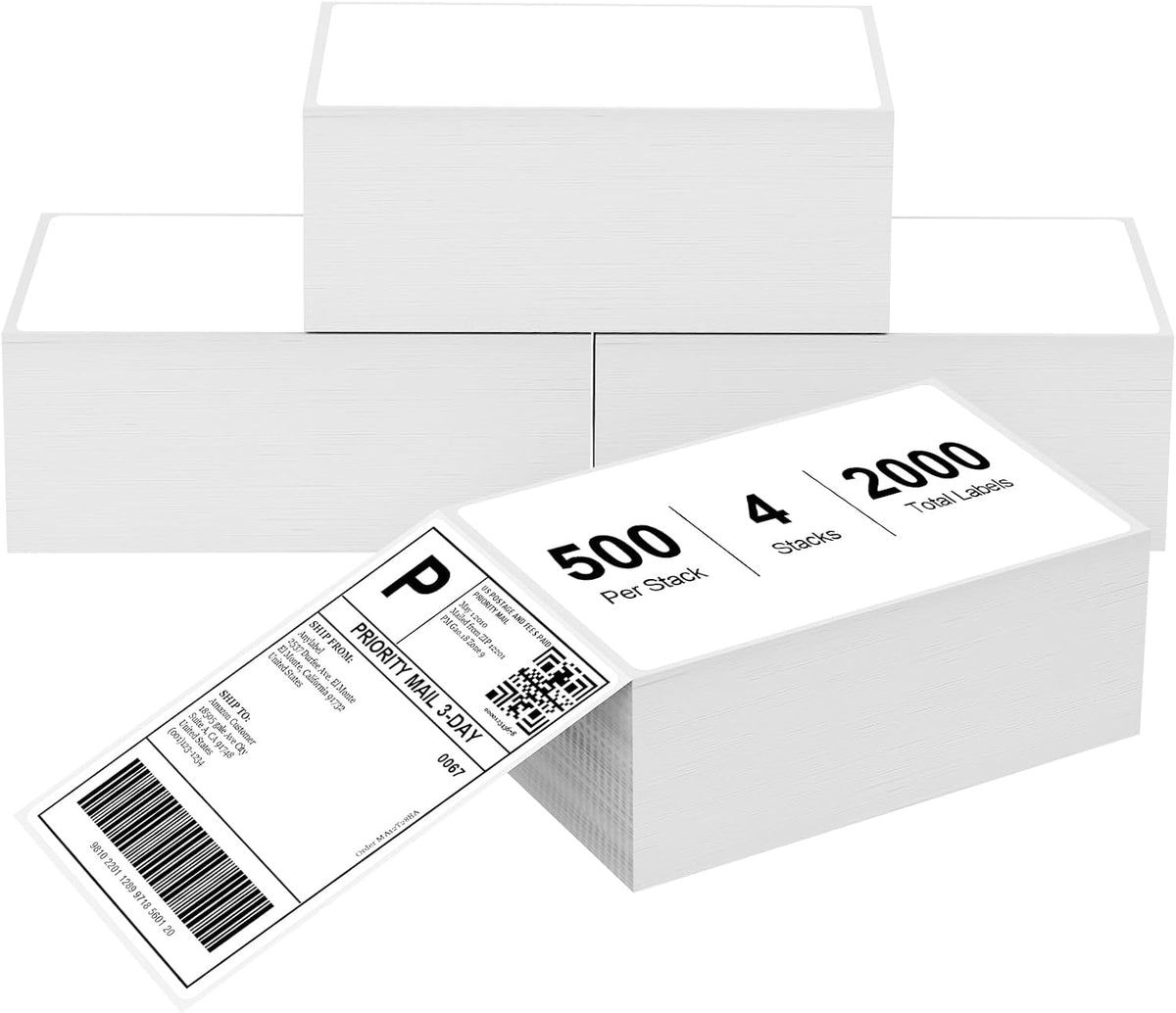 4" x 6" Fanfold Direct Thermal Labels for White Mailing Address Postage Shipping Commercial Grade Compatible with Zebra & Rollo & MUNBYN Label Printer (4 Stacks, 2000 Labels) by Anylabel