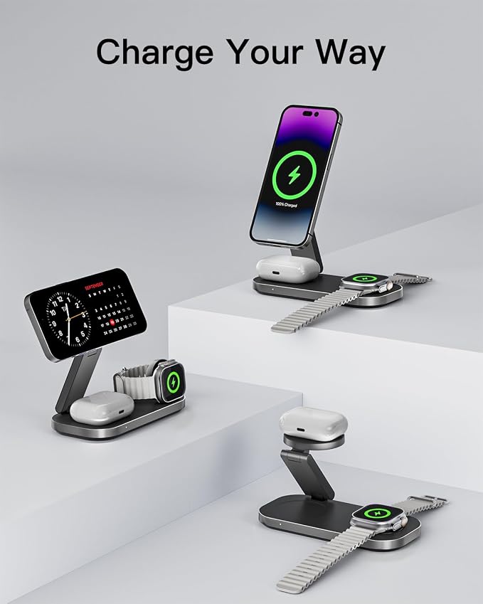 3-in-1 Charging Station for Apple Device, Foldable Magnetic Wireless Fast Charger Stand Compatible with MagSafe for iPhone 17e/17/16/15/14/13/12/Air Series, Apple Watch & AirPods-Black - Image 5