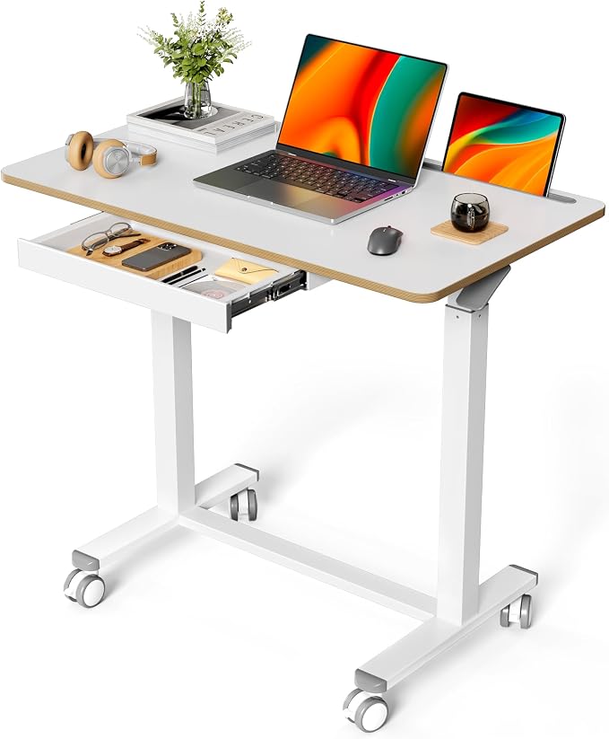 Mobile Standing Desk with Drawer, Height Adjustable, 35" White | Small Rolling Desk & Table, Pneumatic Computer Sit Stand Workstation, Portable Laptop Cart w/ Hidden Wheels, Lockable Casters by LiftSync