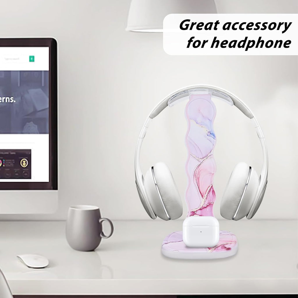 CamyCosy Headphone Stand Gaming Headset Holder for Desk,Luxury Pink Marble Pattern Earphone & Cellphone Stand Desk Accessories for All Headphones Size - Image 5