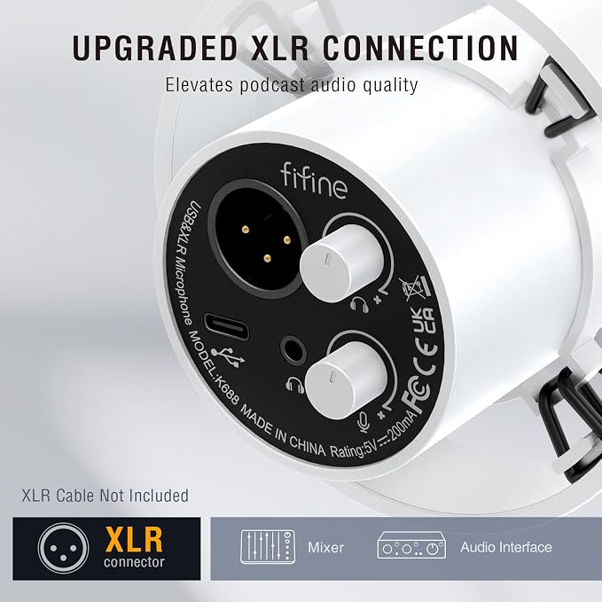 FIFINE AmpliTank K688W Studio XLR Dynamic Microphone, USB PC Podcast Mic | Vocal Mic with Tap-to-Mute, Gain Knob, Headphones Monitoring, Shock Mount, for Streaming Recording Home use, White - Image 3