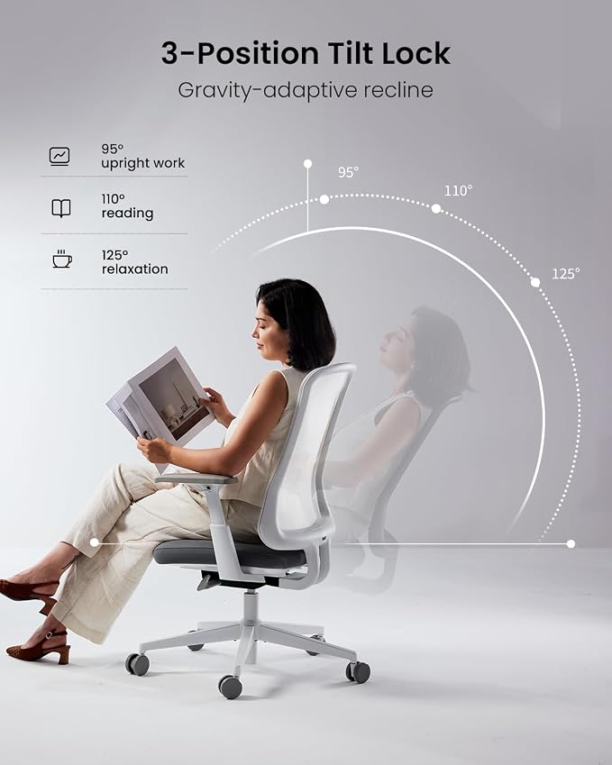 ProtoArc Flexer Ergonomic Office Chair for Women, White | Foam Sliding Seat, Airflow Mesh Back, Hair-proof Casters, Easy Assembly, Fits 5'1"-6'0", Sleek Minimalist, for Small Spaces - Image 6