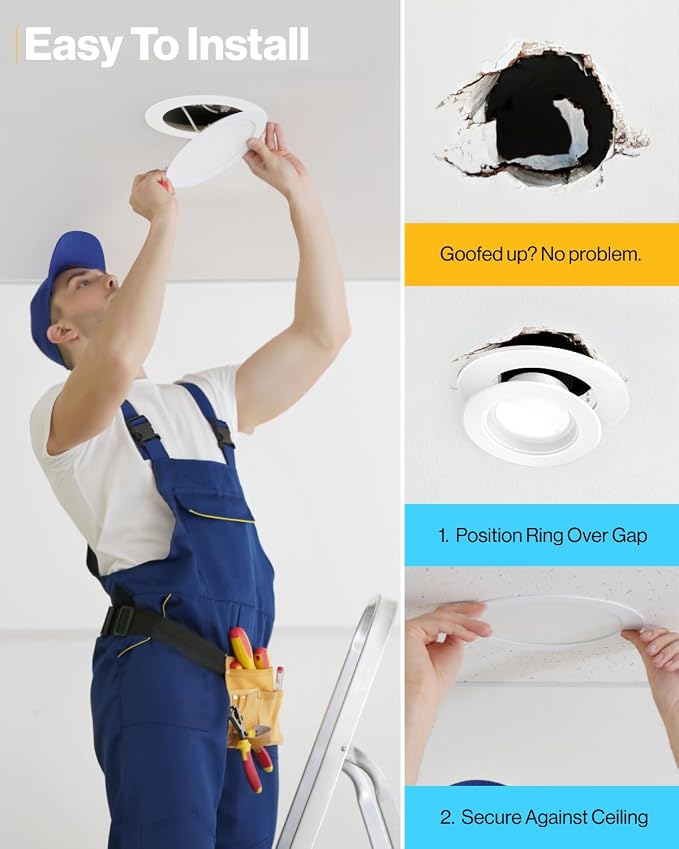Sunco 6 Pack 6 Inch Recessed Light Goof Ring, White, Matte Finish | Flush Mount White Can Light Trim Ring Cover, OD 8.6 Inch/ID 6.2 Inch, Paintable, Covers Oversized Ceiling Holes - Image 3