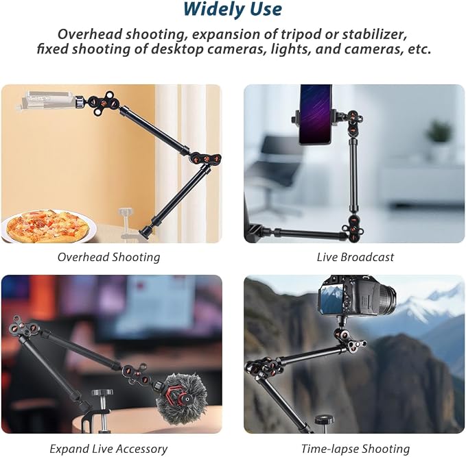 21"/53cm Adjustable Magic Arm with Super Clamp, Overhead Phone Mount, Heavy Duty Desk Camera Mount & Clamp,Flexible Joints Articulating Friction Arm for Light, Webcam, Mic, Action Camera - Image 7