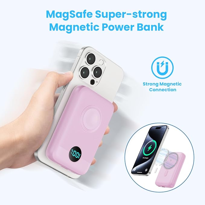Magnetic Portable Charger 10800mAh,4-in-1 Wireless Power Bank with iWatch Charger, QC4.0+20W PD Fast Charging USB C Battery Pack with LCD Display for Magsafe,iPhone 16/15/14/13/12,Apple Watch, Pink - Image 3