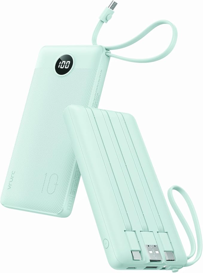 VRURC Portable Charger Power Bank, Built-in 4 Cables & 2 Ports 10000mAh | LED Display Slim Battery Pack,Compact Travel Essential Portable Phone Charger 5 Output for Multi Devices,Student/Teens(1Pack) by Home