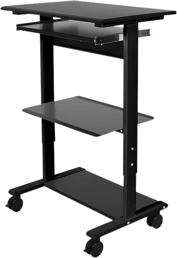 Stand Up Desk Store Mobile Rolling Adjustable Height Standing Workstation with Printer Shelf and Slideout Keyboard Tray (Black Frame/Black Top, 30" Wide) - Image 4