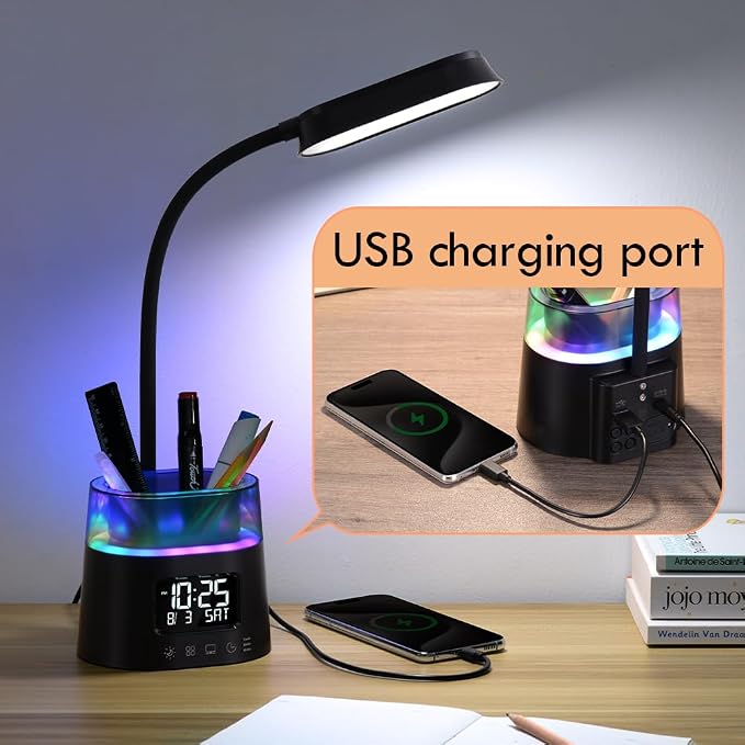 WILIT LED Desk Lamp, Dimmable Study Lamp for Home Office Accessories, Black | Table Lamp with Pen Holder & Clock, USB Charging Port, RGB Night Light, Bedroom & College Dorm Room Essentials for Boys Girls - Image 4