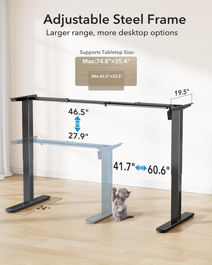 HUANUO Standing Desk Frame with Brushless Motor for Max 75 x 35 inch Tops | 220lbs capacity,4 preset heights,28.3"-46.5" Height Range,Stable Steel Legs,quiet lift,Cable Tray & Dual Hooks,black finish - Image 7