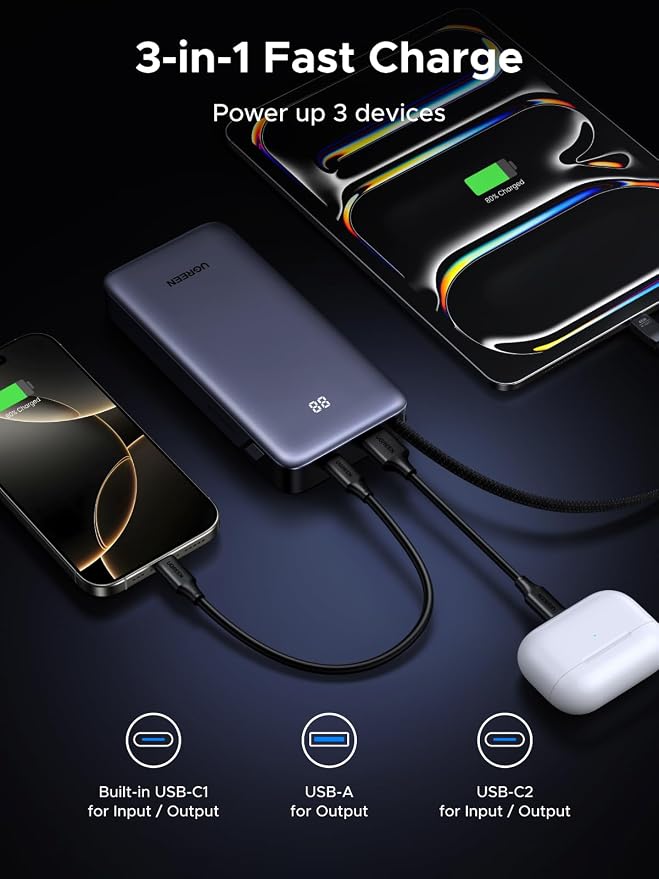 UGREEN Nexode 20000mAh 45W Power Bank, Built-in Cable for iPhone 17 Pro | Built-in USB-C cable, digital display, 3-port. Fast charges for iPhone 17 Pro, S26 Ultra, iPad Pro - Image 5