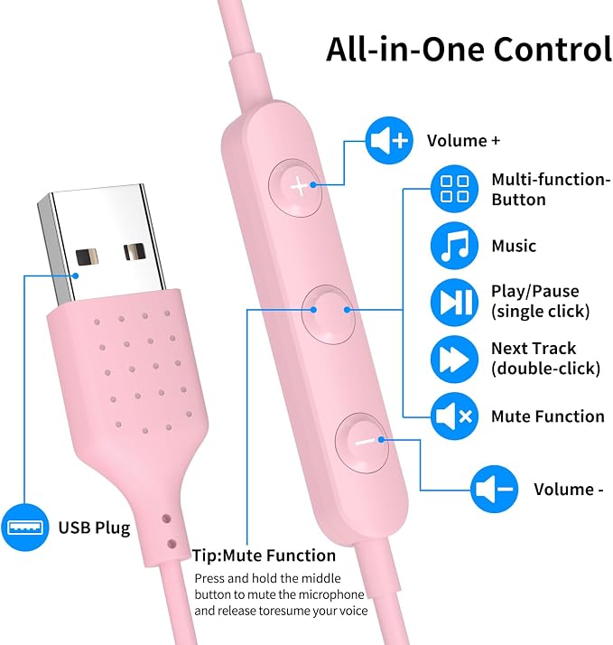 USB Earbuds for PC,Headphones with Microphone for Computer,Pink | Wired USB Headset with Mic Audio Control,Noise Isolating Stereo Laptop Earphones for Dell/HP/Surface PC Office Zoom Working - Image 6
