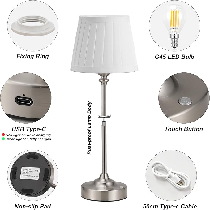 Kakanuo Cordless Table Lamp Rechargeable Silver - 1 Pack 4000mAH Battery Operated Lamp for Decor, 3000K Stepless Dimming Touch Control Wireless Lamp for Bedroom, Dining Table, Counter, Living Room - Image 3