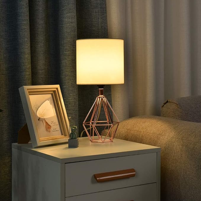 Rose Gold Bedside Table Lamp,Modern Small Desk Lamp with TC Fabric Shade Geometric Metal Base for Kids Living Room Bedroom Nightstand - Image 5