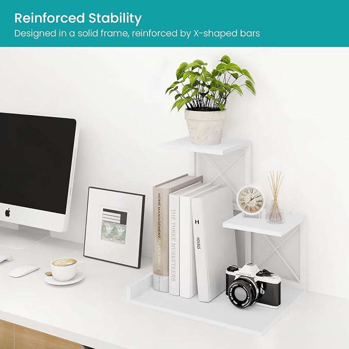 ELITEROO Desk Shelf, Wood Small Bookshelf Desktop Shelves and Organizer, Freestanding 3 Tier Storage Display Stand Home Office Decor for Books Plants Toys, White - Image 6