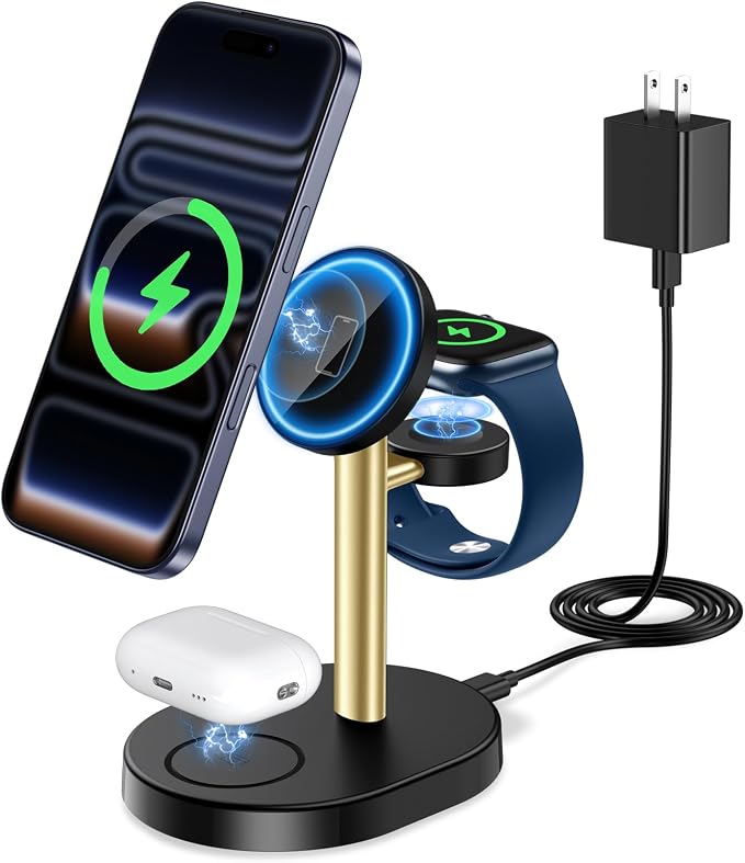 2026 3 in 1 Wireless Charging Station for Apple MagSafe Charger, 15W Fast Magnetic Mag-Safe Charger Stand for iPhone 17 16 15 14 13 12 Apple Watch AirPods Series GoldBlack by Hevanto
