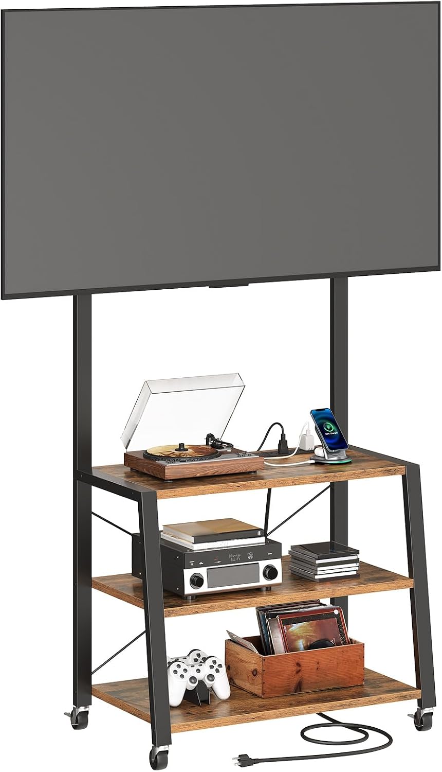 HOOBRO Rolling TV Stand with Mount and Power Outlet Up to 55 inch TV, Corner Entertainment Center, Small TV Stand with 3-Tier Storage Shelves for Living Room, Bedroom, Rustic Brown and Black BF66UDS01 - Image 9