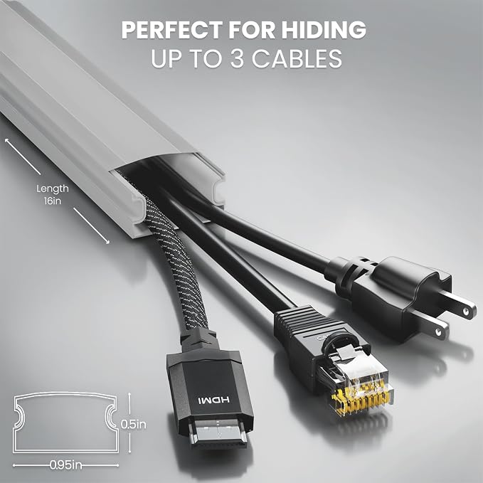 EVEO Cable Hider Wall 306” - Cable Raceway Cord Hider - Wire Covers for Cords on Wall, Cord Cover, Wall Cable Hider, Cable Concealer, Wire Hiders for TV on Wall - 20X (L16 W0.95 H0.5) - Medium | Grey - Image 3