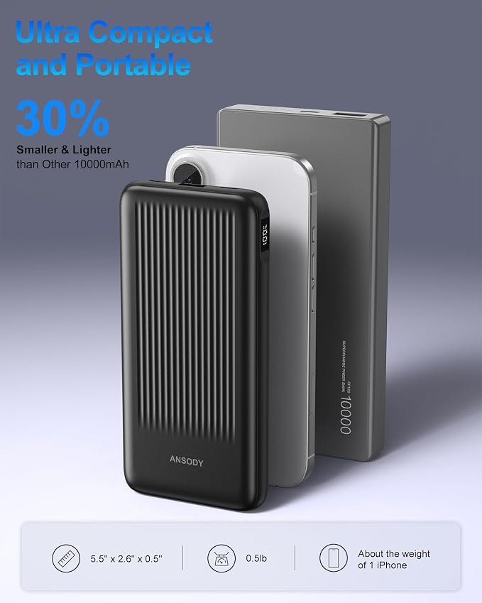 2-Pack Power Bank, 10000mAh 22.5W Fast Charging Portable Charger | Travel Essential, 2 Outputs & 2 Inputs, Slim USB C Digital Display Battery Pack for iPhone Galaxy iPad Tablets, Black & Black - Image 6