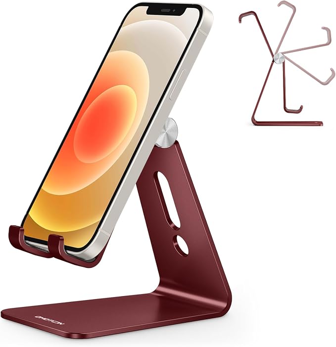OMOTON C2 Adjustable Cell Phone Stand with Charging Cutout, Cherry Red | Sturdy 3mm Aluminum, Charging Port, 270° Adjustable, Non-Slip Silicone Pads, Works with Thick Cases, for All Smartphones by OMOTON