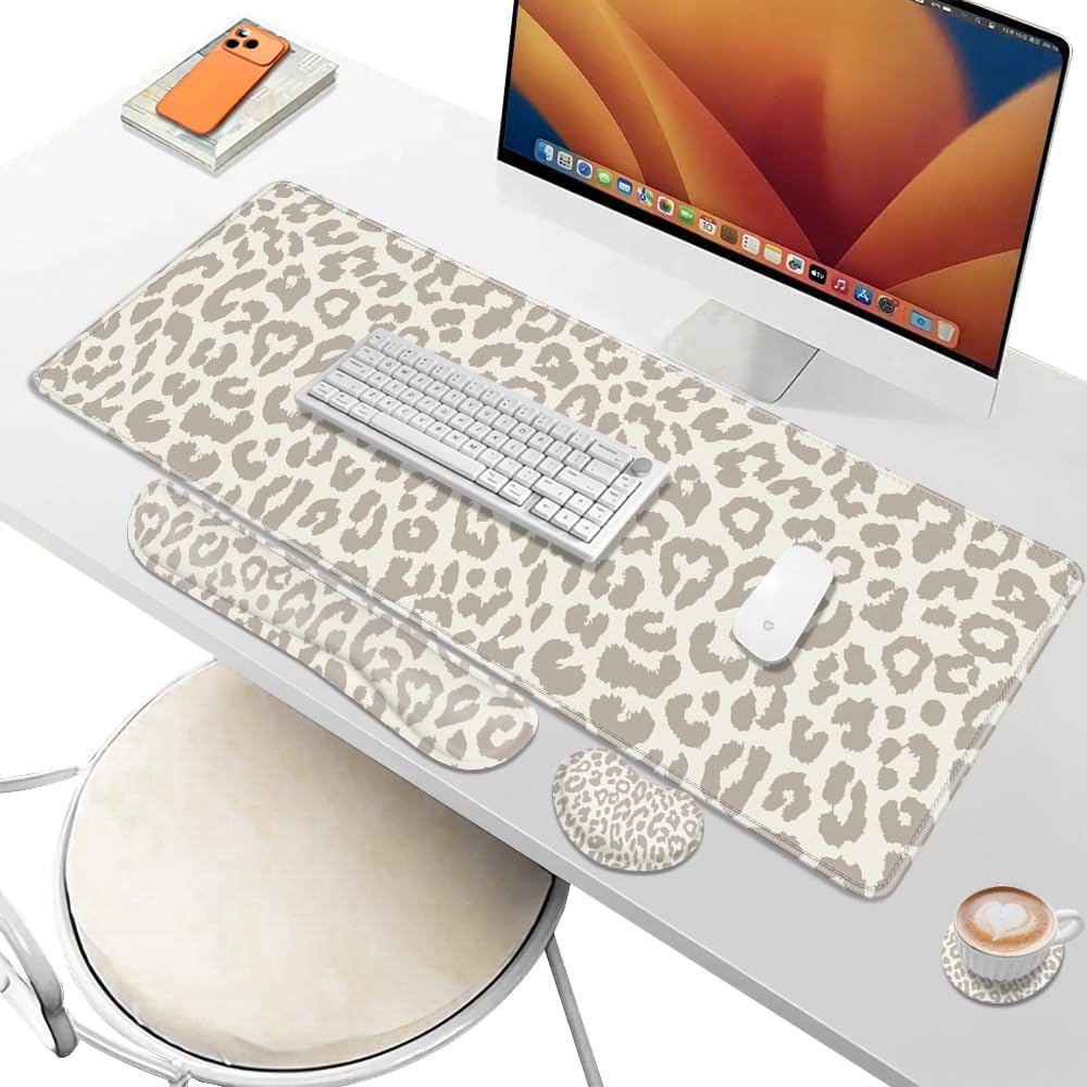 Cheetah Desk Pad and Keyboard Wrist Rest, Large Mouse Pad + Keyboard Pad+Mouse Wrist Support, Non-Slip Desk Mat Protector for Office, Home 31.5×11.8 Inches Leopard - Image 6