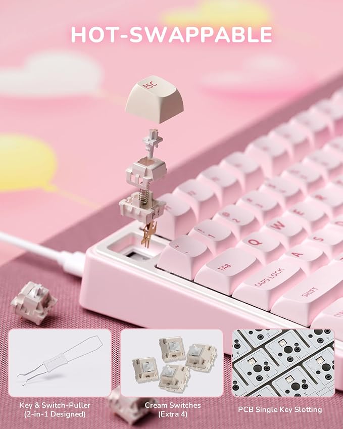 RK ROYAL KLUDGE R75 Mechanical Keyboard Wired with Volume Knob, 75% Keyboard Gasket Mounted, Hot Swappable, Creamy Sound, MDA Profile, PBT Keycaps, Pink - Image 7