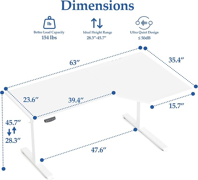 Klicelor L Shaped Standing Desk 63 x 35.4 Inch, Electric Height Adjustable Corner Desk for Home Office Workstation, Ergonomic Sit Stand Computer Table with Memory Controller, White - Image 3