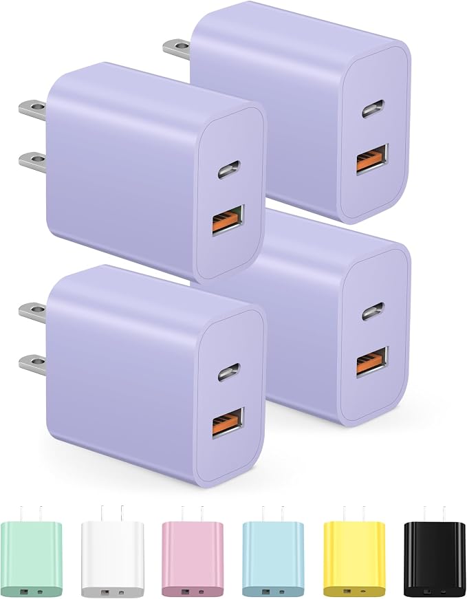 [4 Pack] USB C Charger Block Charging Block Type C Charger | 20W Wall Chargers for iPhone Air/17/17 Plus/17 Pro Max/16/16 Plus/16 Pro Max/15/15 Max/14/13/12/Samsung(Purple) by STAKCYE