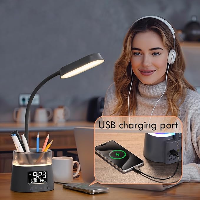 WILIT LED Desk Lamp for College Dorm Room Essentials, 3 Modes,Touch, Gray | Study Lamp with USB Charging Port, Pen Holder, Clock & RGB Night Light, Office Desk Accessories, Table Lamp for Bedroom - Image 9