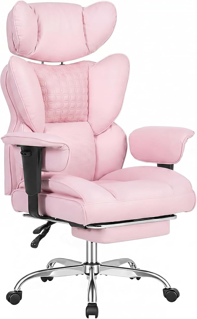 DUMOS Big and Tall Home Office Desk Chair, Executive Chair with Footrest | PU Leather, Ergonomic Comfy Lumbar Support, High Back Reclining, Adjustable Armrests, Pink by DumosLifestyle