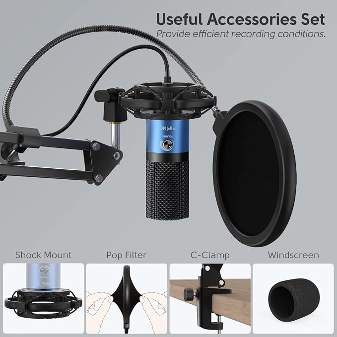 FIFINE T669 Blue USB PC Microphone Kit for Recording/Podcasting | Computer Condenser Cardioid Mic, Gain Knob, Arm Stand, Mac Windows PS4/PS5, Streaming, Gaming, Video, Home Studio - Image 5