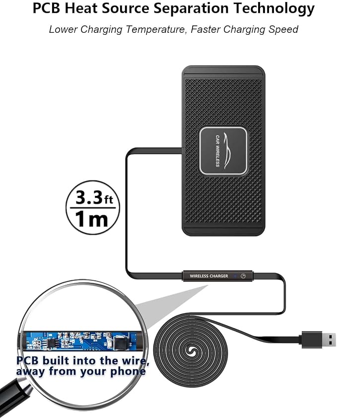 Wireless Car Charger Qi Charging Pad Fast 15W 10W 7.5W Charge Adapter for iPhone 14 13 12 Mini 11 Pro Max 8 Plus X XR Xs Airpods Samsung Galaxy Buds S21 S22 S23 S24 Android Phones (39' Long Cable) - Image 6