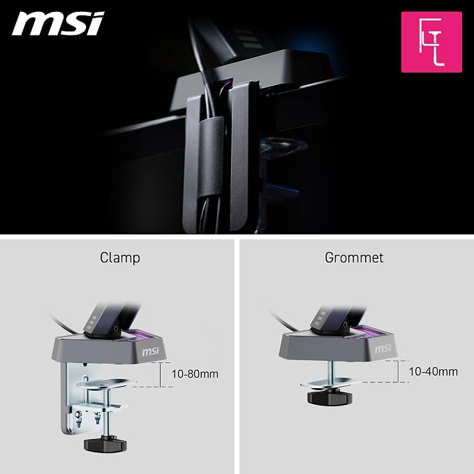 MSI MPG MT161R - Premium RGB Single Monitor Stand Arm, Supports 17-45" Screens and 35.2 lbs, VESA Compatible, Adjustable Spring Assisted Mount, Clamp & Grommet, Quick Release Plate - Black - Image 7