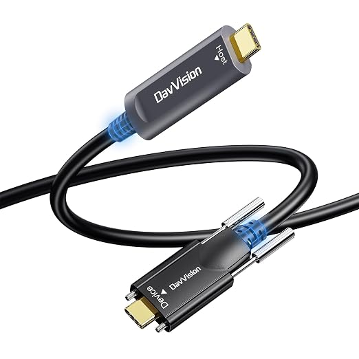 USB C Fiber Optic Cable with Side Screw Lock 50 FT, 10Gbps USB 3.2 Gen2 Active USB C Cable with German Chip,Ultra Slim & Long Distance for Industrial Camera,Machine Vision,Conference Camera by DavVision