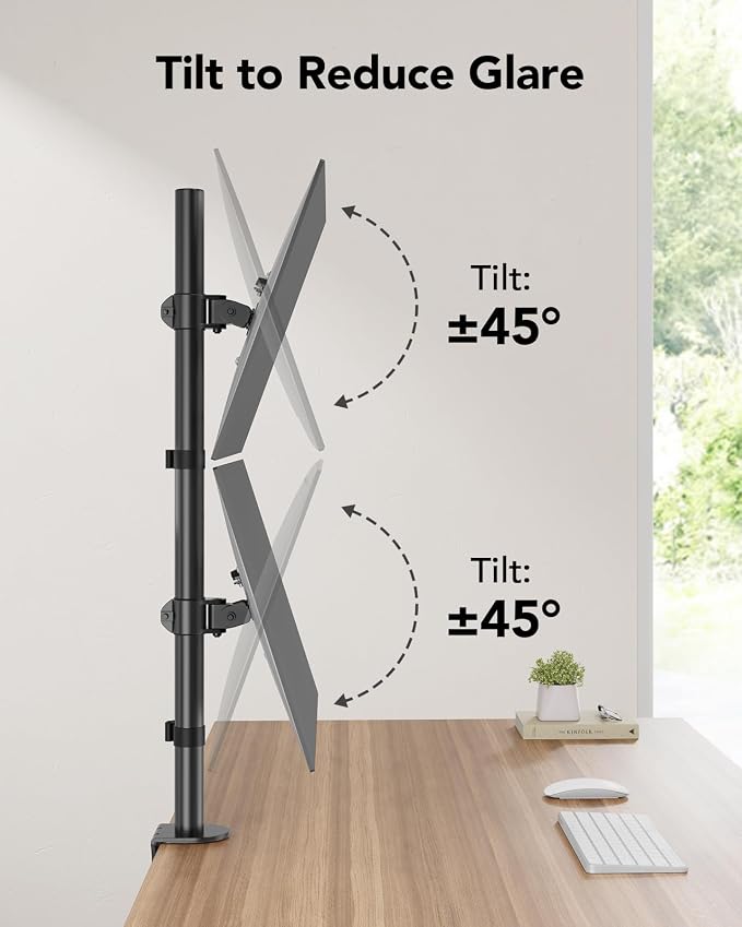HUANUO Vertical Dual Monitor Mount, Stacked Monitor Stand for 2 Monitors with Height Adjustment Computer Monitor Arm Supports Two 17 to 32 Inch with C Clamp Each Desk Mount Hold up to 17.6lbs - Image 3