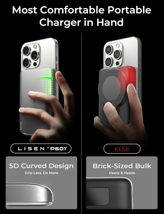 LISEN Qi2 15W Ultra Slim MagSafe Battery Pack,5000mAh Fast Charging MagSafe Power Bank Slim Wireless,Slim Magnetic Portable Charger,Magnetic Power Bank for iPhone Air/17/16/15-12 Series,Black - Image 6